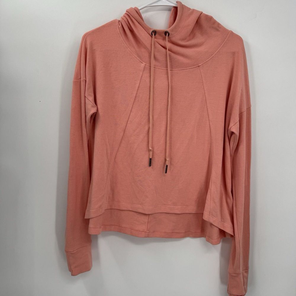 Lole Medium Hoodie Womens Coral Pink Funnel Neck‎ Thumbhole High-Low Pullover
